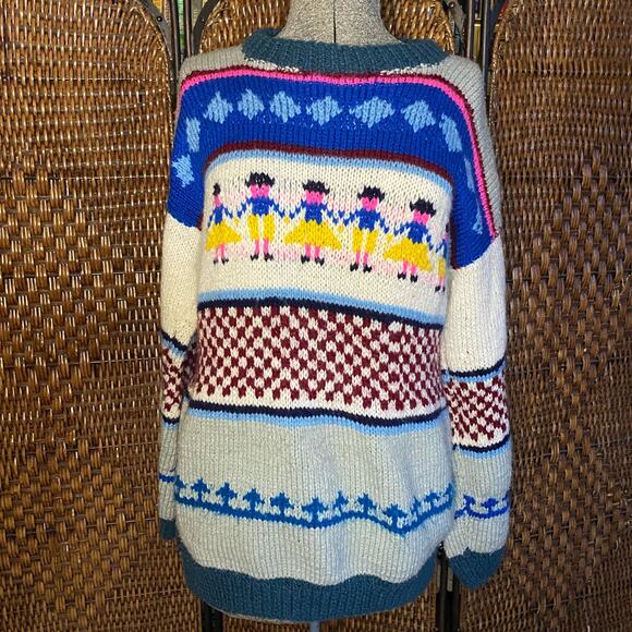 Size L//Vintage 70s Hand Knit Novelty Ski Sweater - Picture 1 of 4